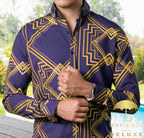 Camisa Hombre Casual Slim Fit Marino Rombos Dorados - 34 (S)-Tiendas Platino
