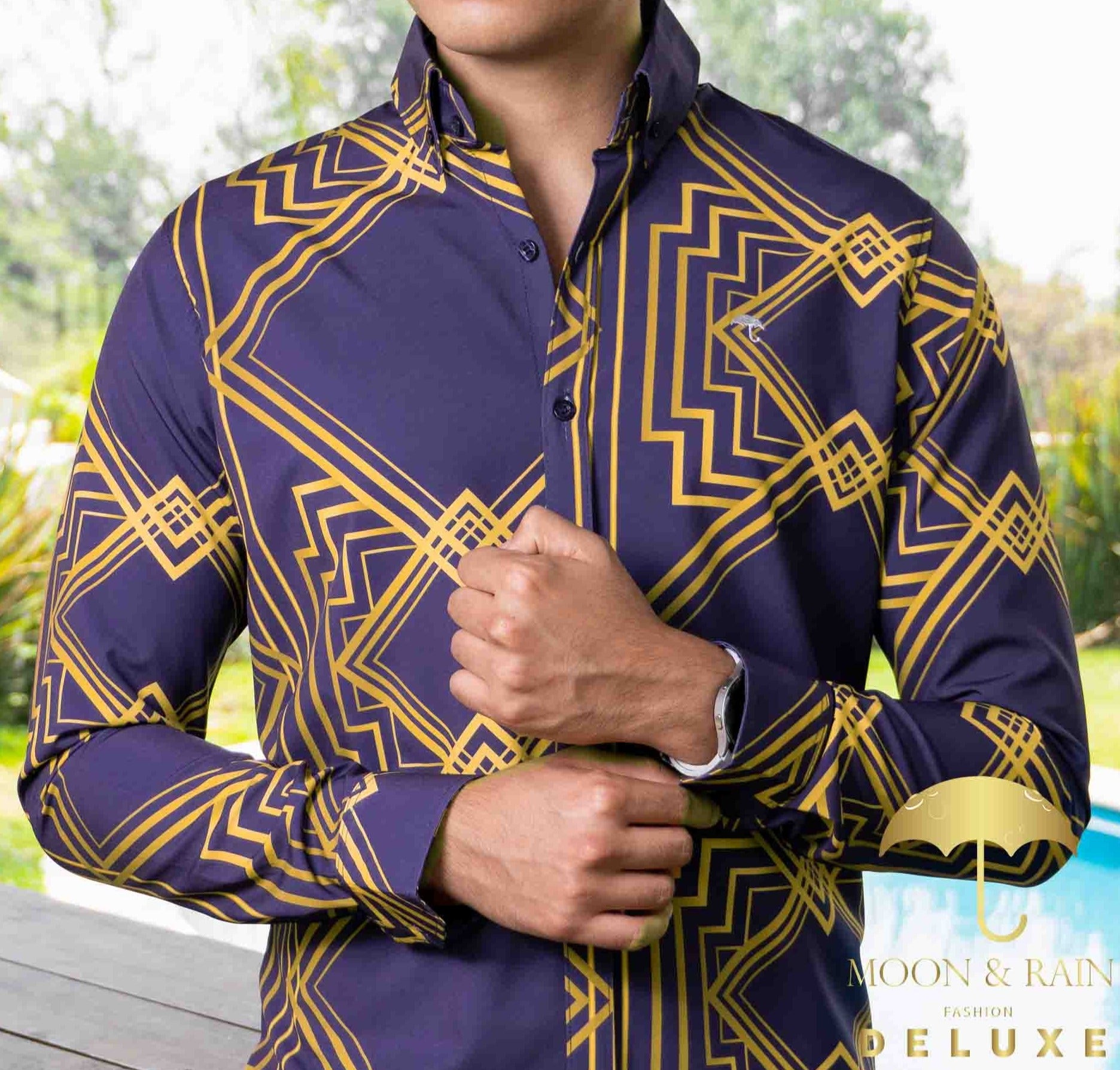 Camisa Hombre Casual Slim Fit Marino Rombos Dorados - 34 (S)-Tiendas Platino
