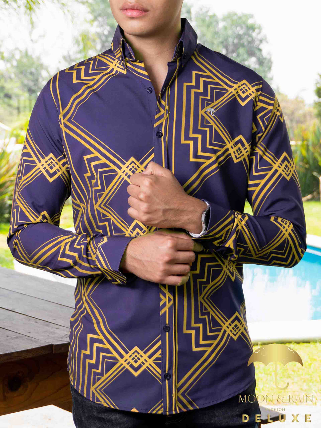 Camisa Hombre Casual Slim Fit Marino Rombos Dorados - 34 (S)-Tiendas Platino