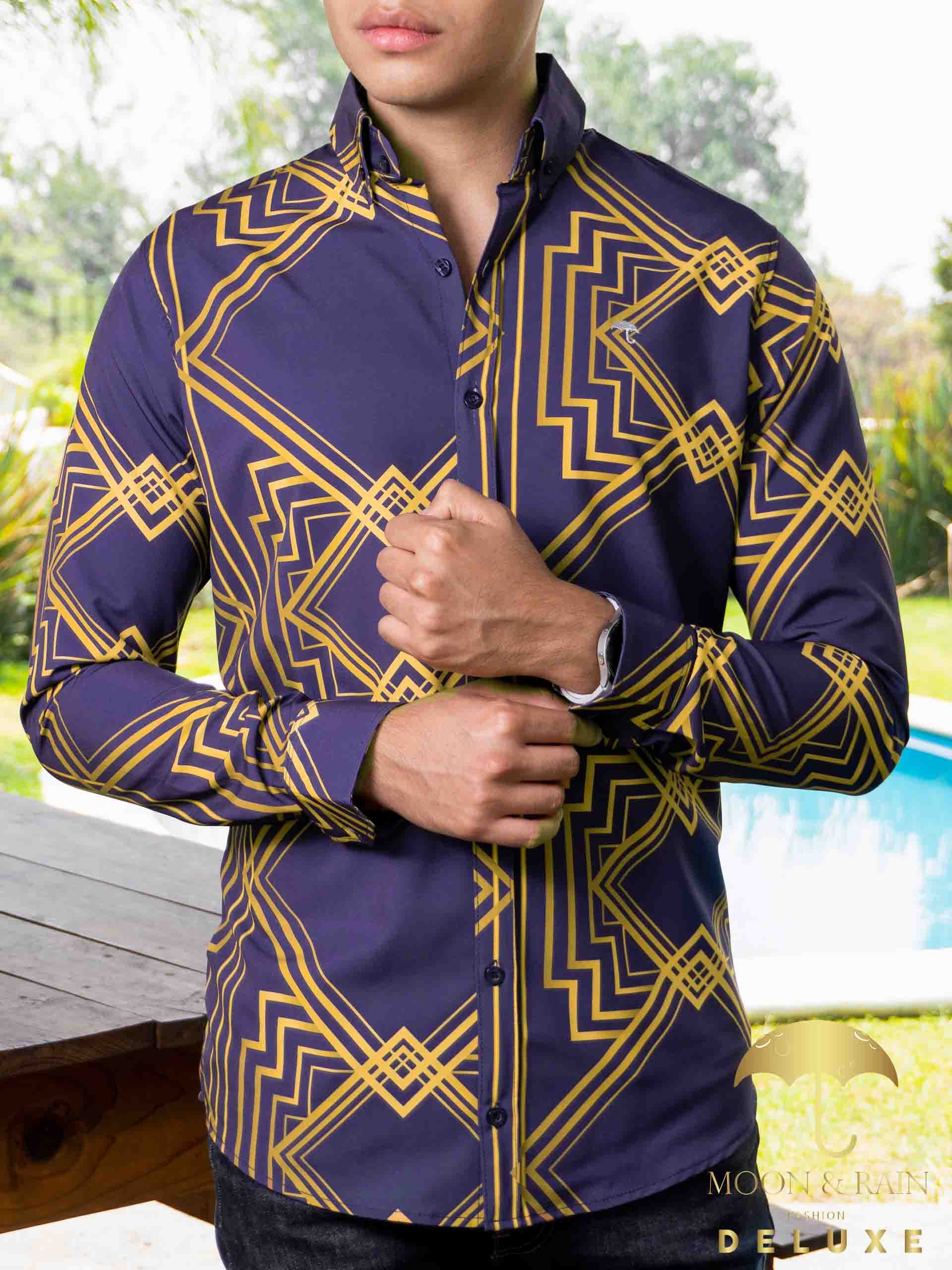 Camisa Hombre Casual Slim Fit Marino Rombos Dorados - 34 (S)-Tiendas Platino