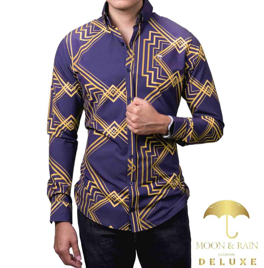 Camisa Hombre Casual Slim Fit Marino Rombos Dorados - 34 (S)-Tiendas Platino