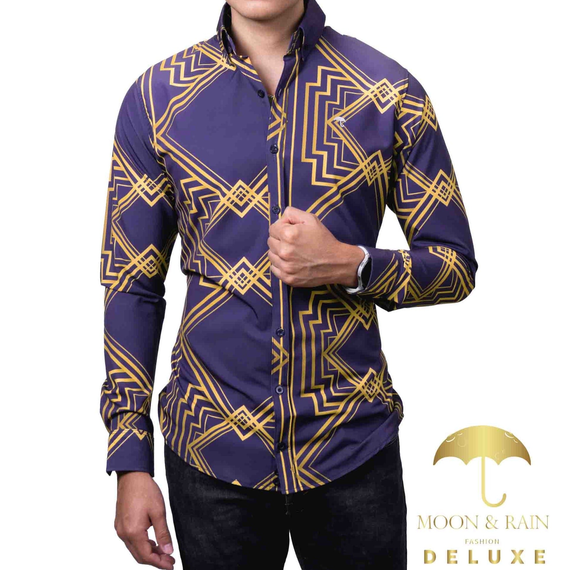 Camisa Hombre Casual Slim Fit Marino Rombos Dorados - 34 (S)-Tiendas Platino