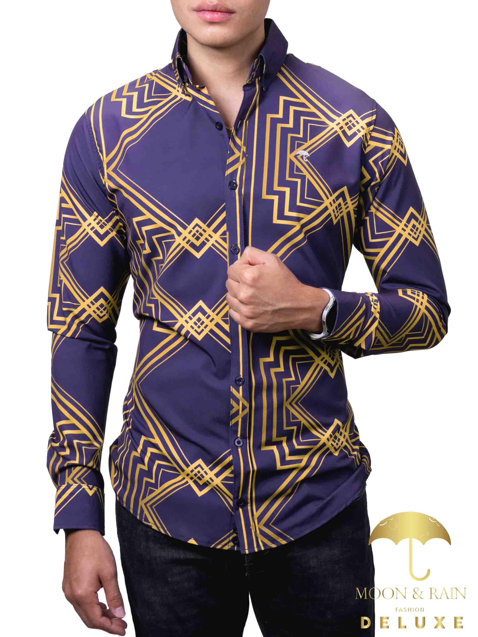 Camisa Hombre Casual Slim Fit Marino Rombos Dorados - 34 (S)-Tiendas Platino