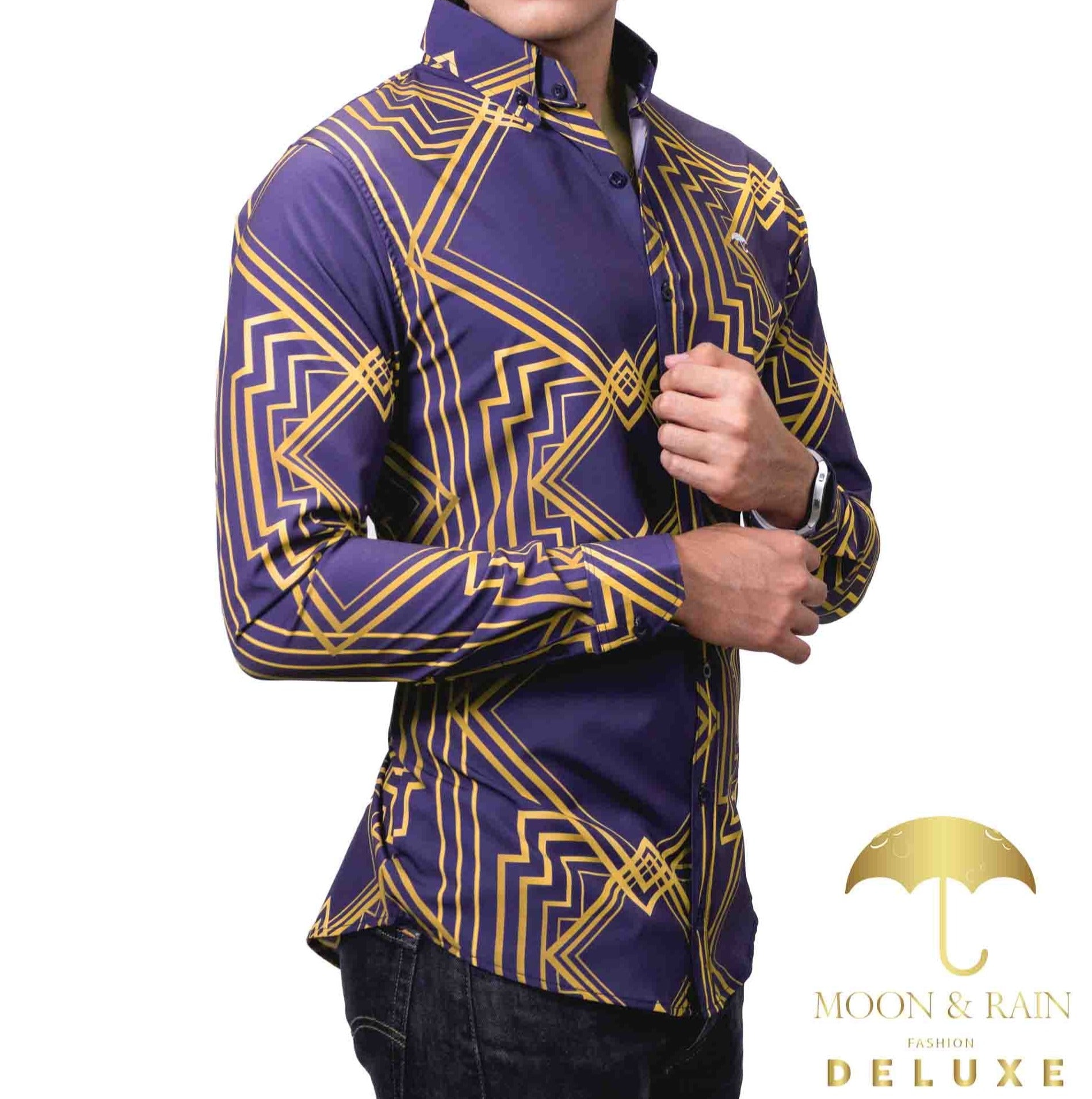 Camisa Hombre Casual Slim Fit Marino Rombos Dorados - 34 (S)-Tiendas Platino