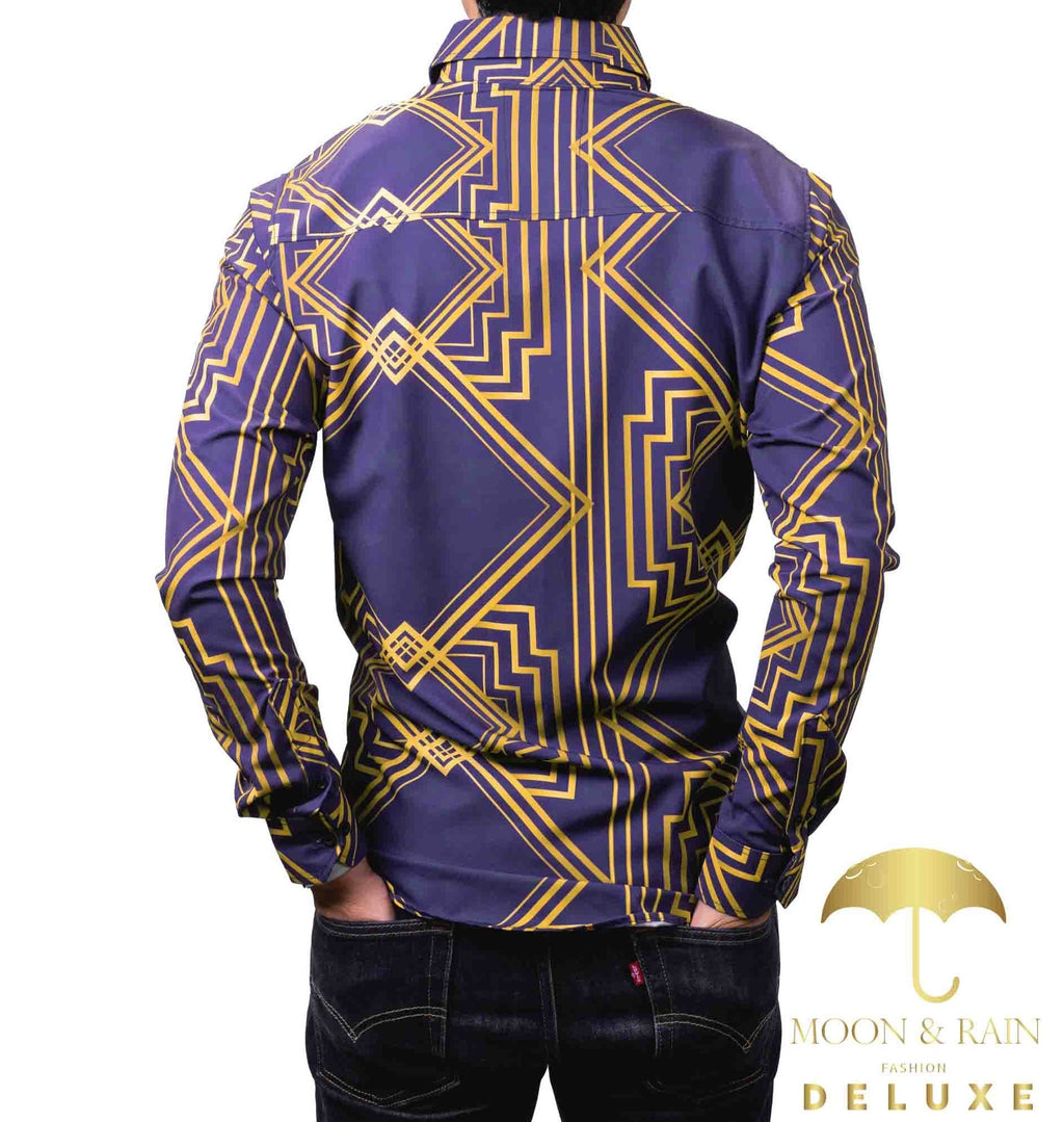 Camisa Hombre Casual Slim Fit Marino Rombos Dorados - 34 (S)-Tiendas Platino