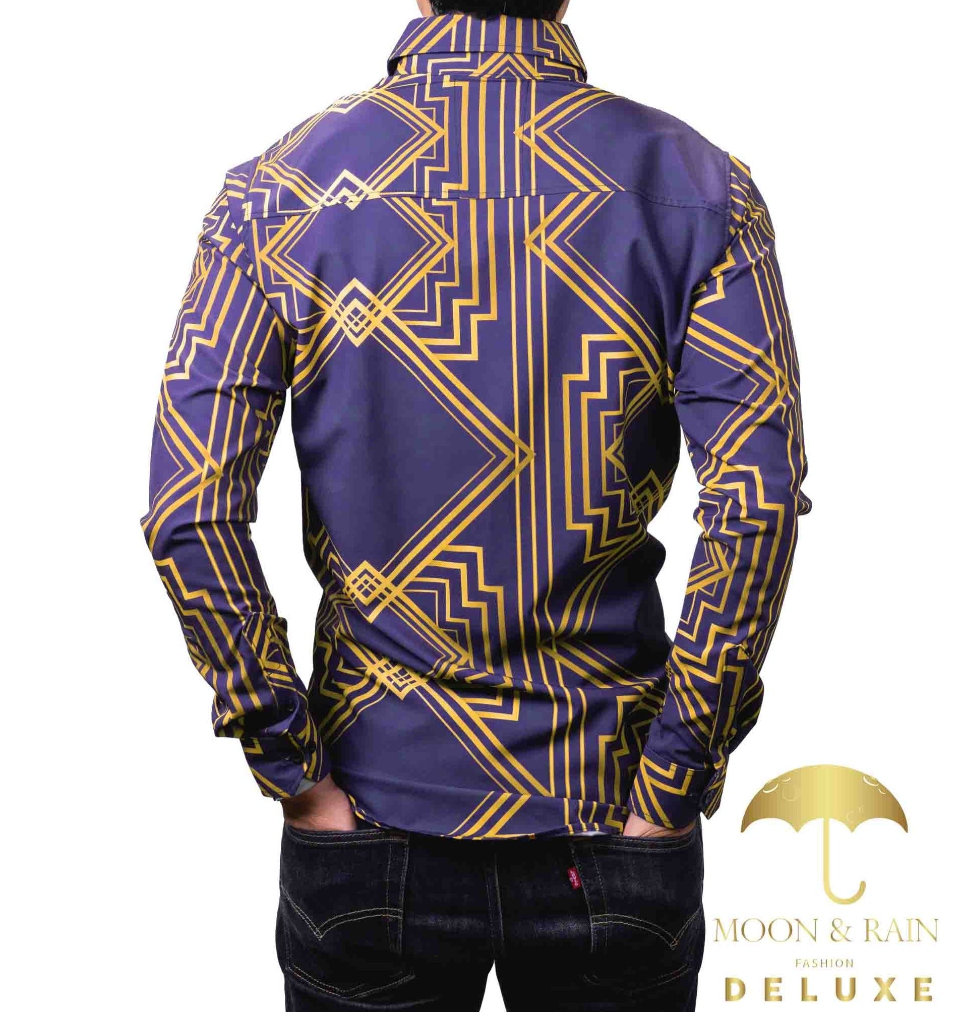 Camisa Hombre Casual Slim Fit Marino Rombos Dorados - 34 (S)-Tiendas Platino