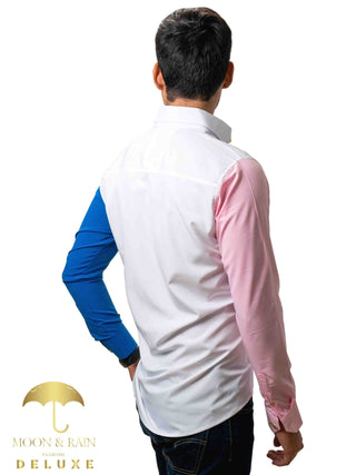 Camisa Hombre Casual Slim Fit Blanco Manga Azul Y Rosa