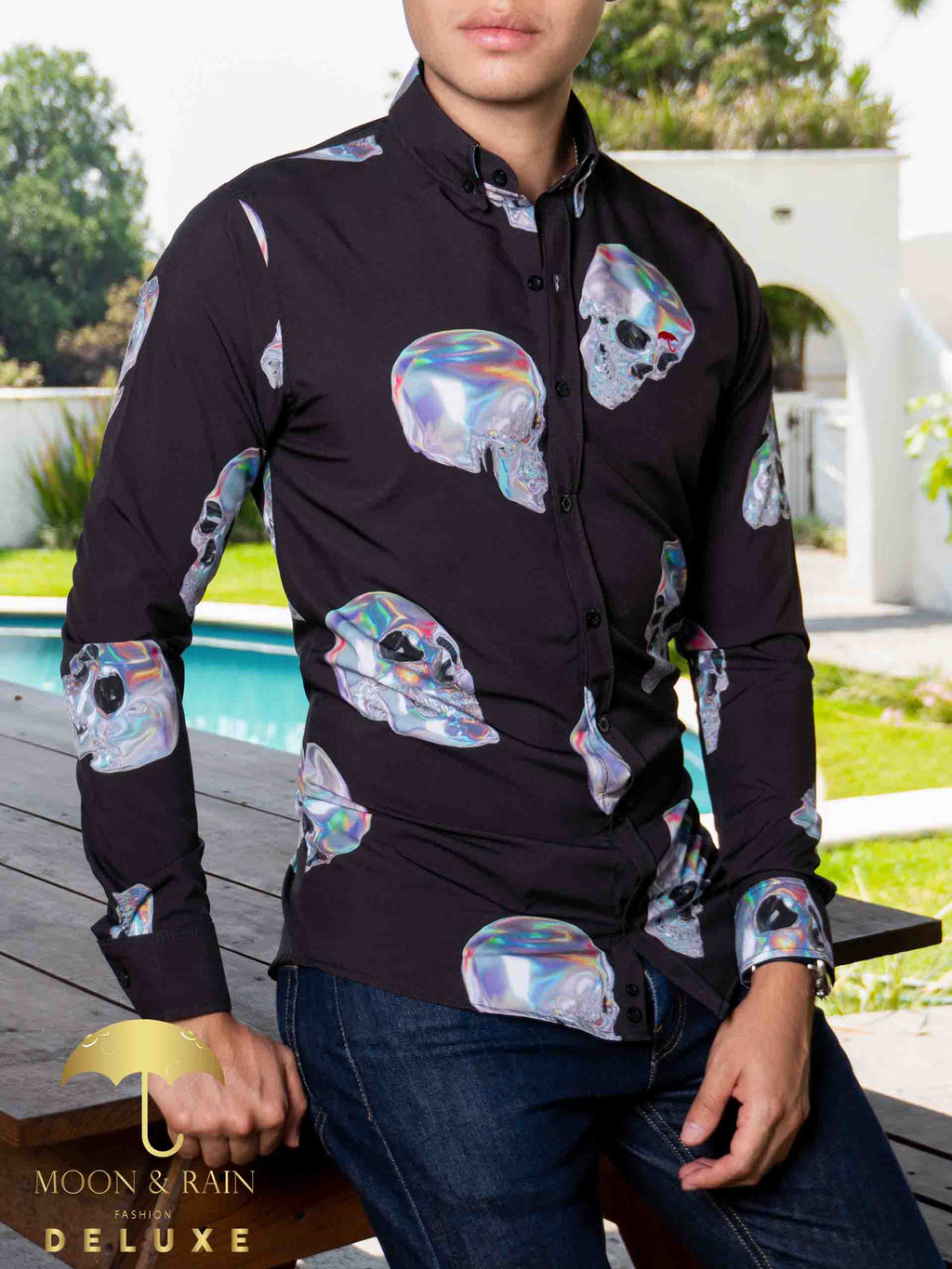 Camisa Hombre Casual Slim Fit Negra Calavera Tornasol Plata - 34 (S)-Tiendas Platino