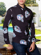 Camisa Hombre Casual Slim Fit Negra Calavera Tornasol Plata - 34 (S)-Tiendas Platino
