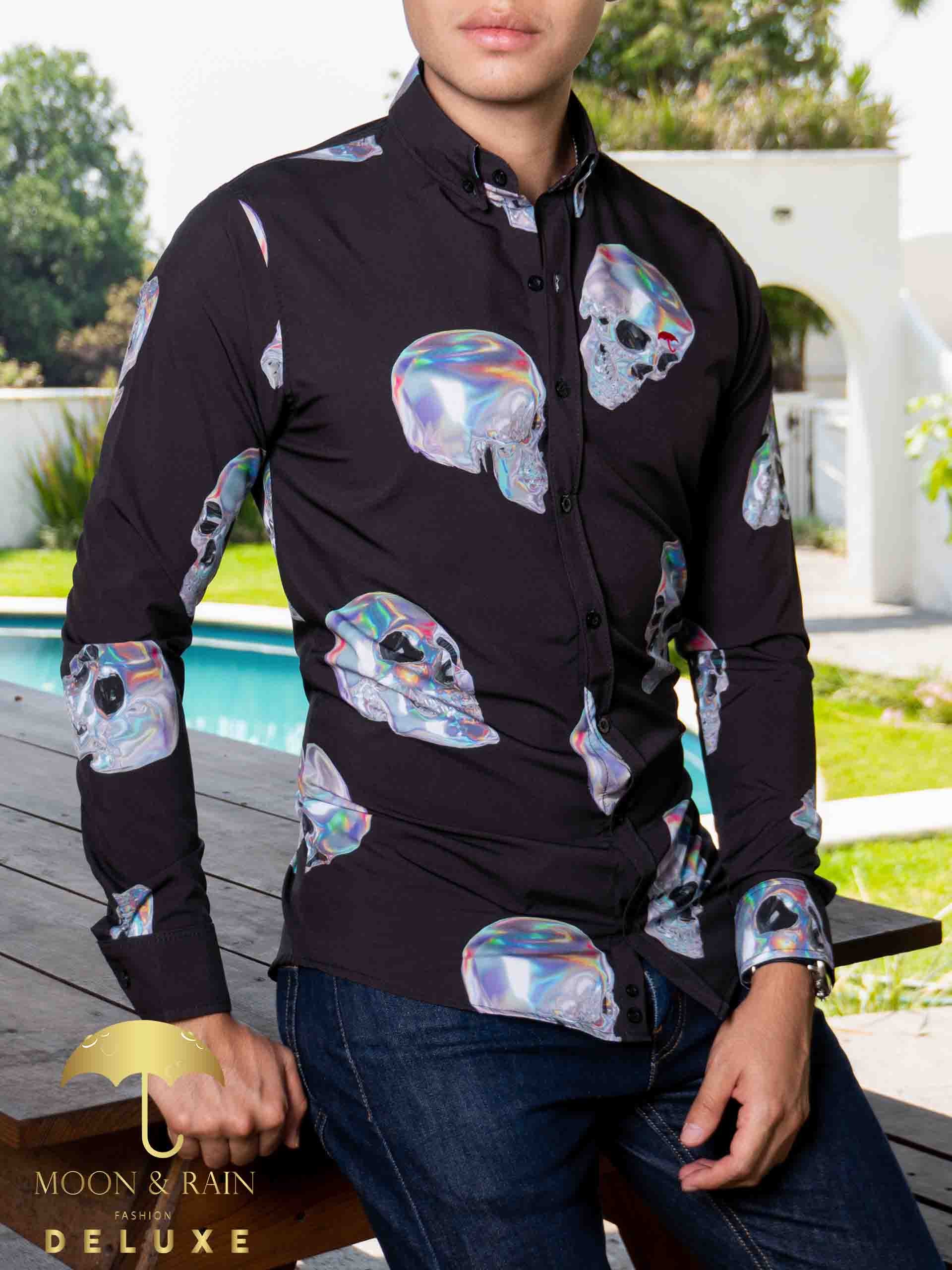 Camisa Hombre Casual Slim Fit Negra Calavera Tornasol Plata - 34 (S)-Tiendas Platino