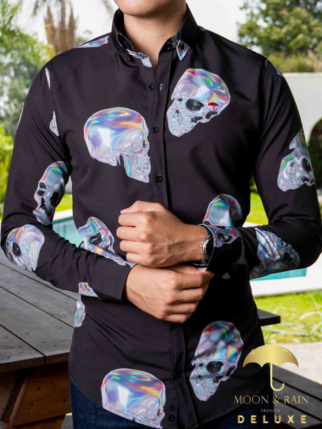 Camisa Hombre Casual Slim Fit Negra Calavera Tornasol Plata - 34 (S)-Tiendas Platino