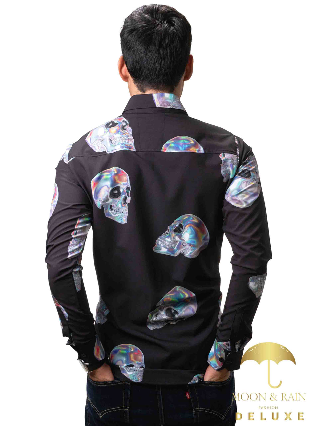 Camisa Hombre Casual Slim Fit Negra Calavera Tornasol Plata - 34 (S)-Tiendas Platino