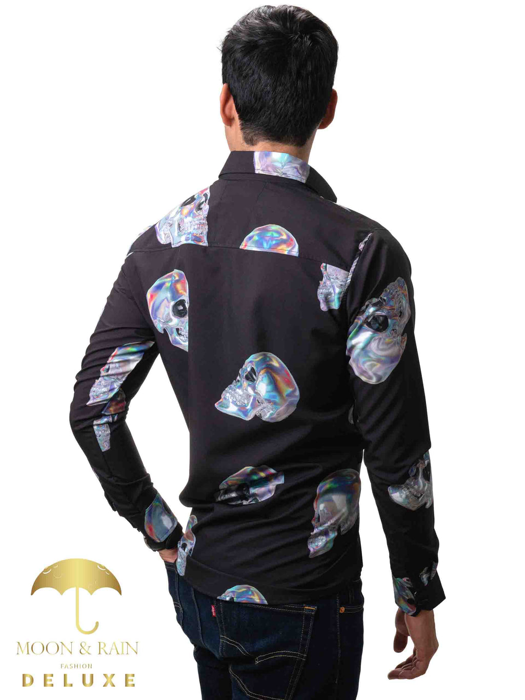 Camisa Hombre Casual Slim Fit Negra Calavera Tornasol Plata - 34 (S)-Tiendas Platino