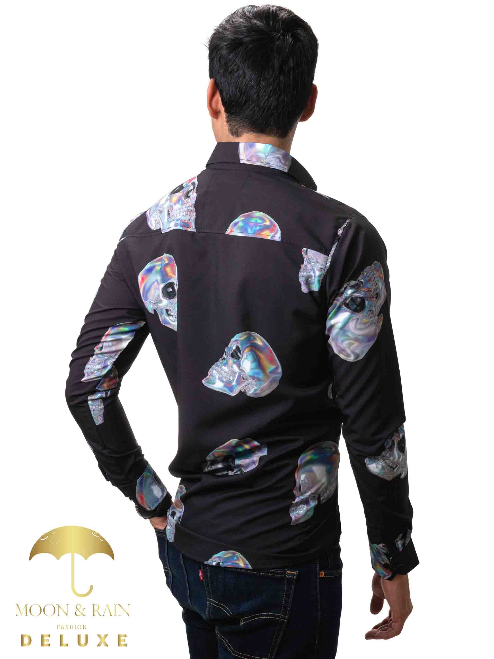 Camisa Hombre Casual Slim Fit Negra Calavera Tornasol Plata - 34 (S)-Tiendas Platino