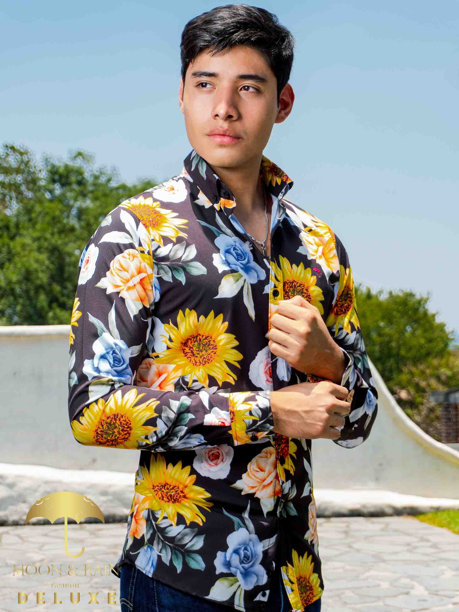 Camisa Hombre Casual Slim Fit Negra Girasol Y Rosa Azul Tiendas