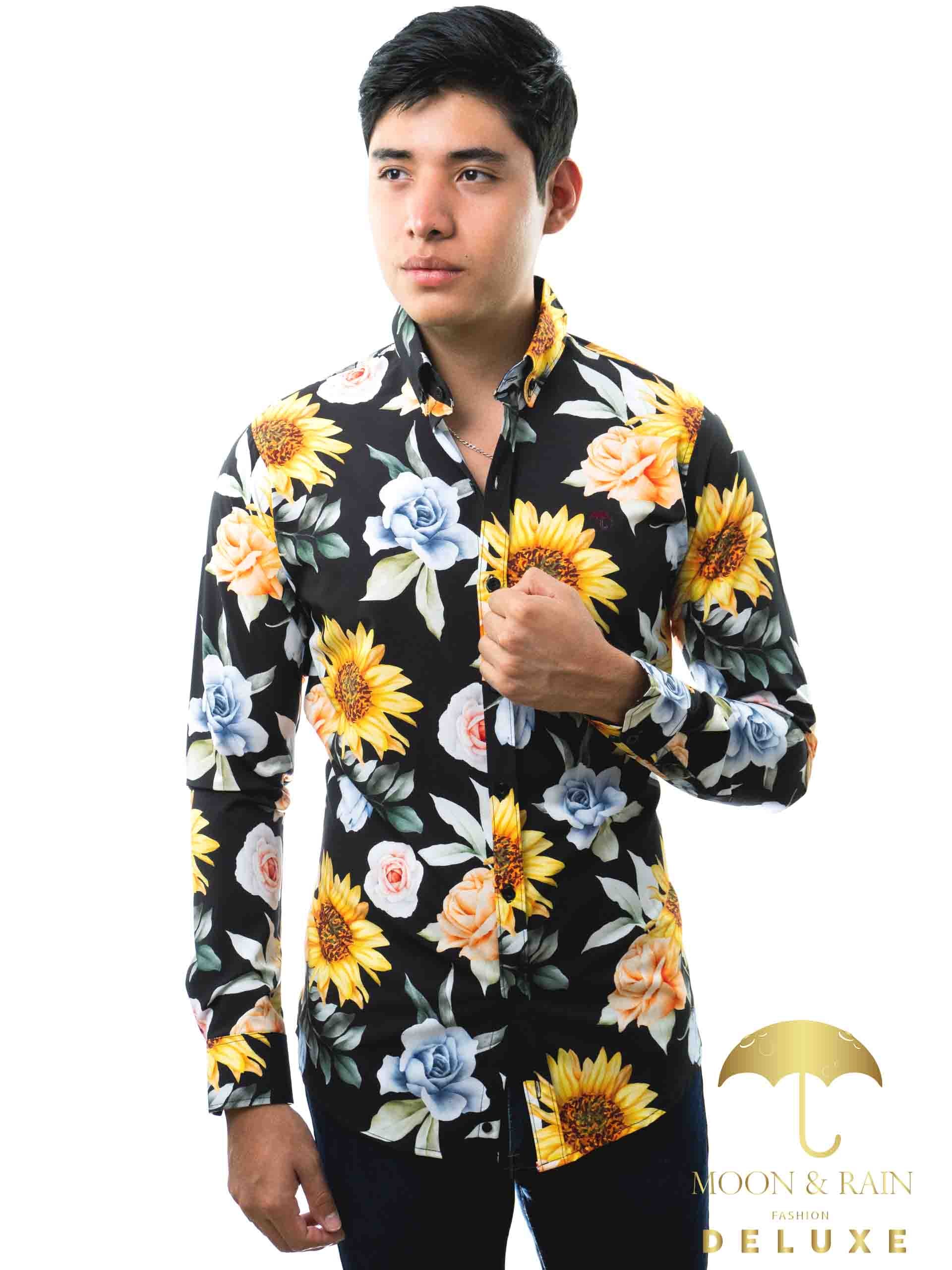 Camisa Hombre Casual Slim Fit Negra Girasol Y Rosa Azul Tiendas