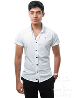 Camisa Hombre Casual Slim Fit Blanca Lisa Det. Negro - 34 (S)-Tiendas Platino