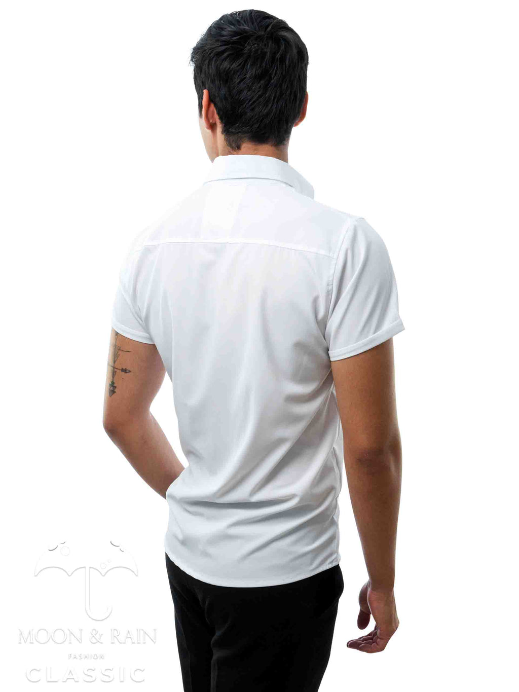 Camisa Hombre Casual Slim Fit Blanca Lisa Det. Negro - 34 (S)-Tiendas Platino