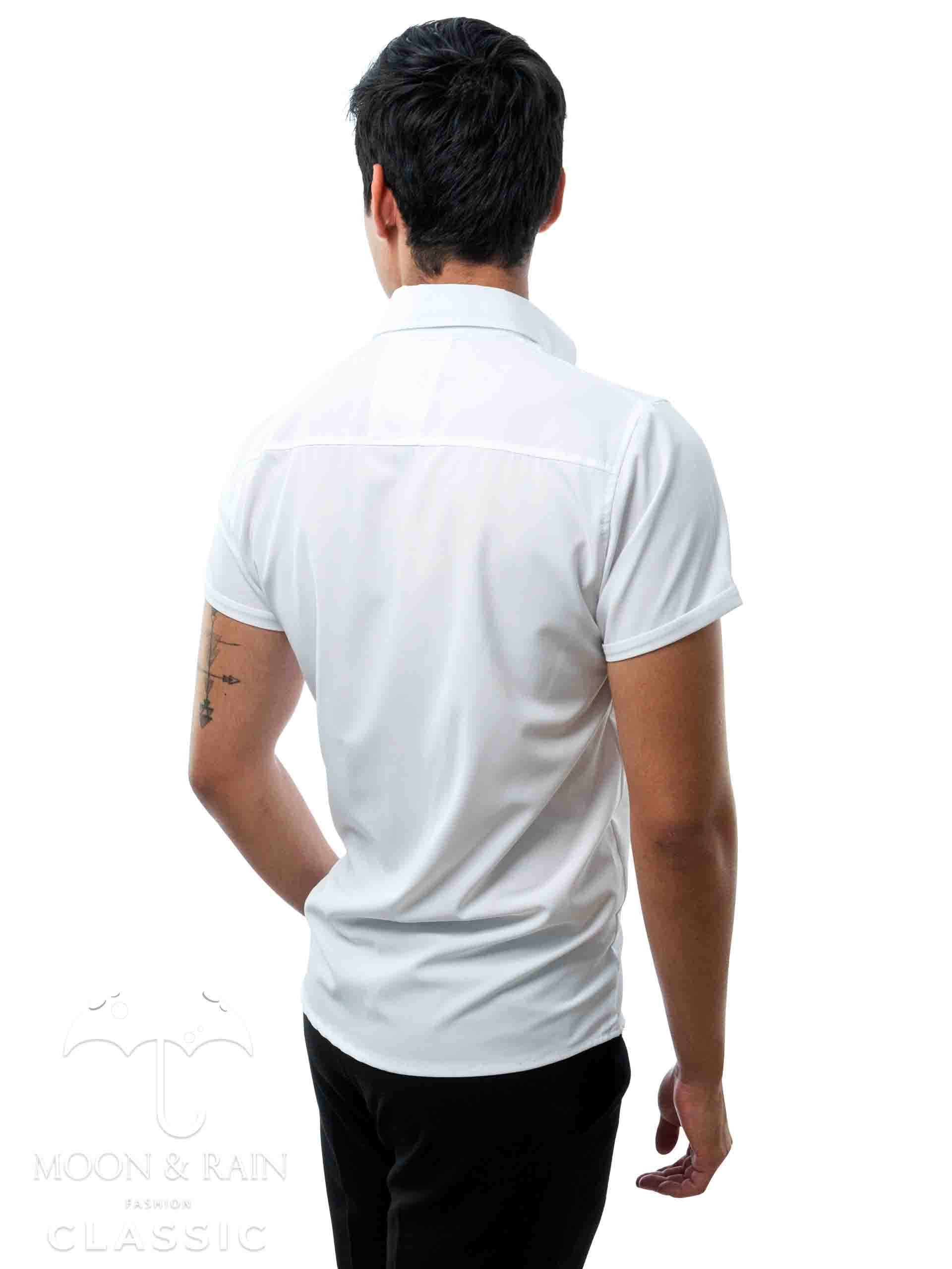 Camisa Hombre Casual Slim Fit Blanca Lisa Det. Negro - 34 (S)-Tiendas Platino