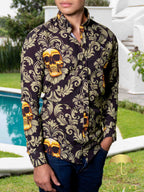 Camisa Hombre Casual Negra Calaveras Doradas Floreada