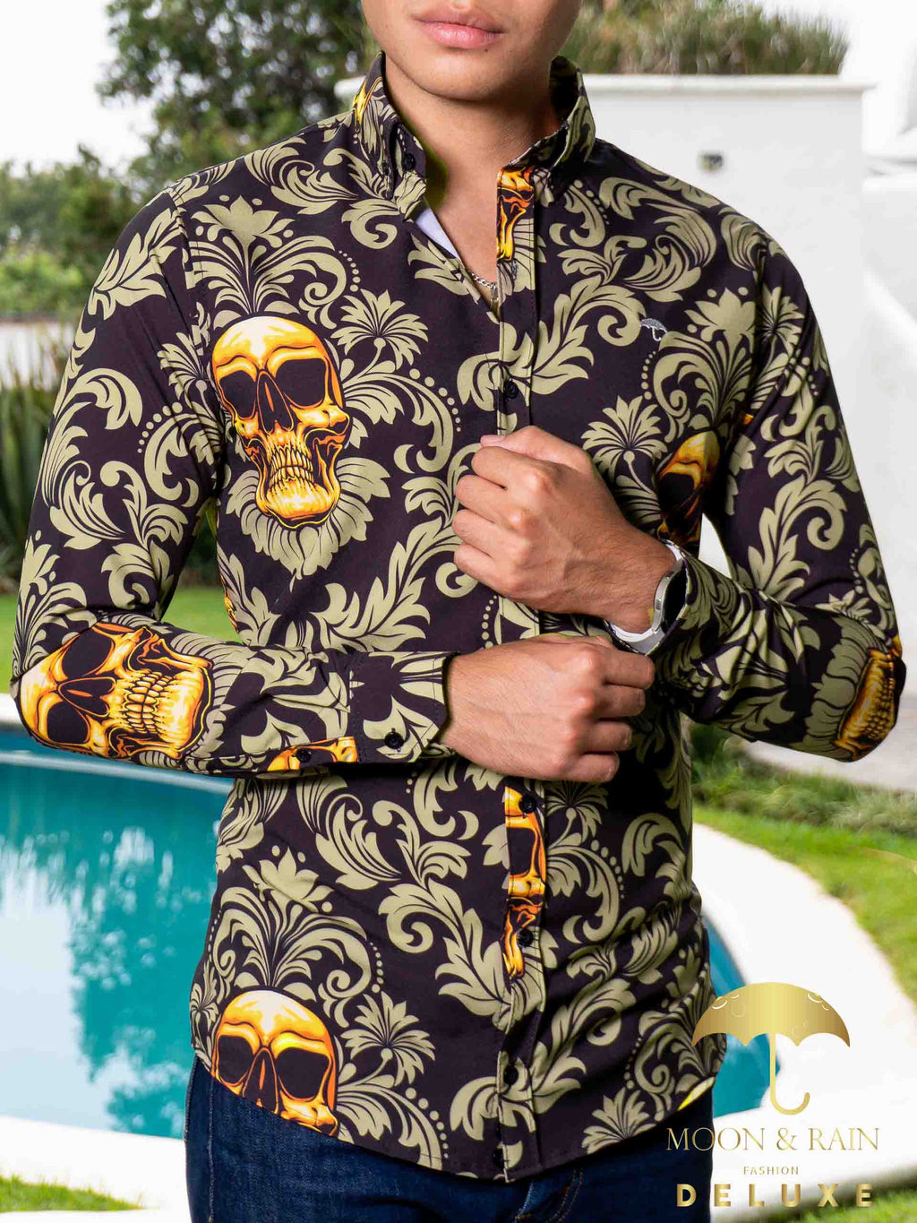 Camisa Hombre Casual Negra Calaveras Doradas Floreada