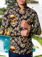 Camisa Hombre Casual Negra Calaveras Doradas Floreada