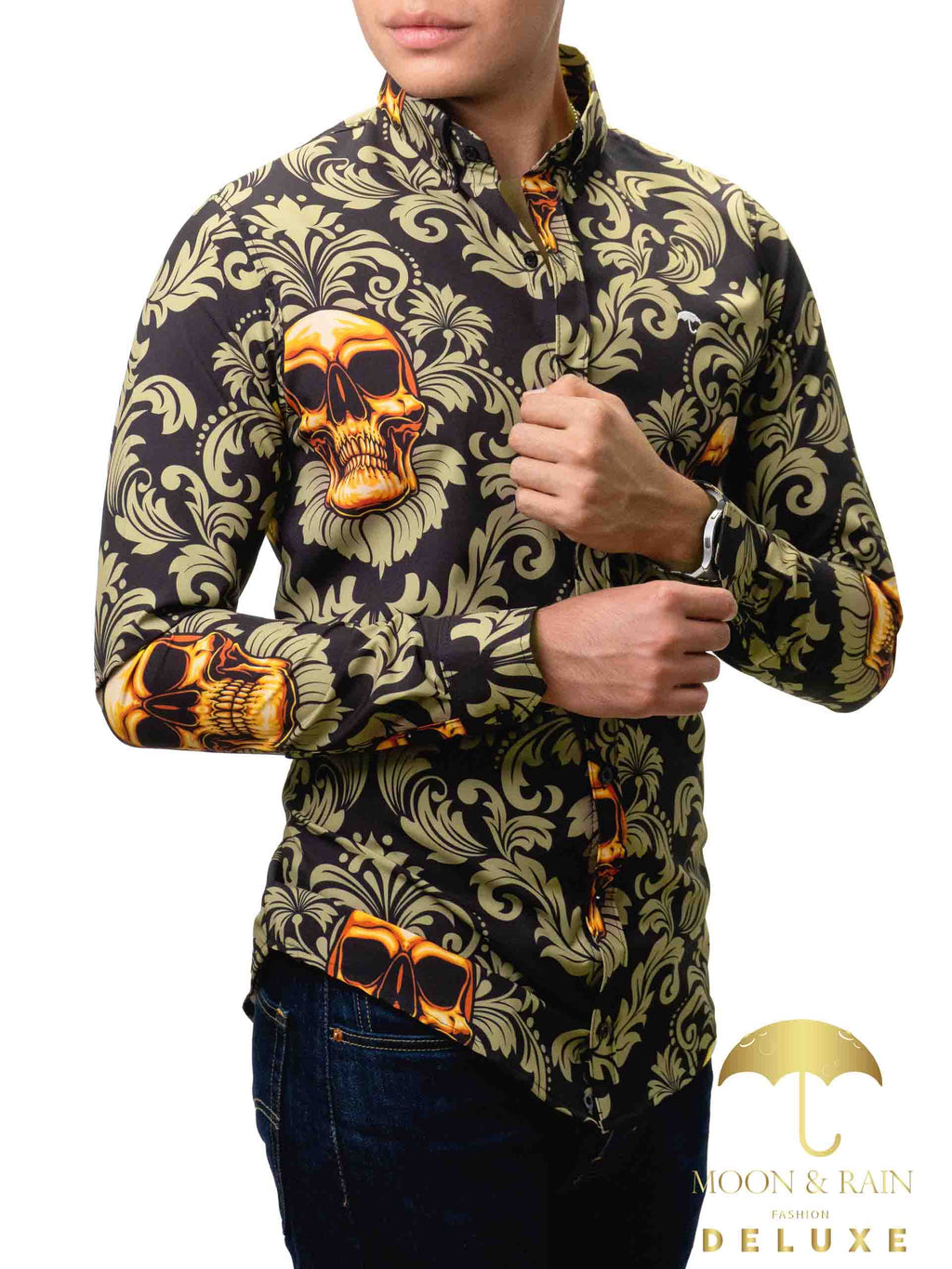 Camisa Hombre Casual Negra Calaveras Doradas Floreada