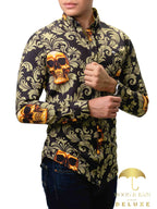 Camisa Hombre Casual Negra Calaveras Doradas Floreada