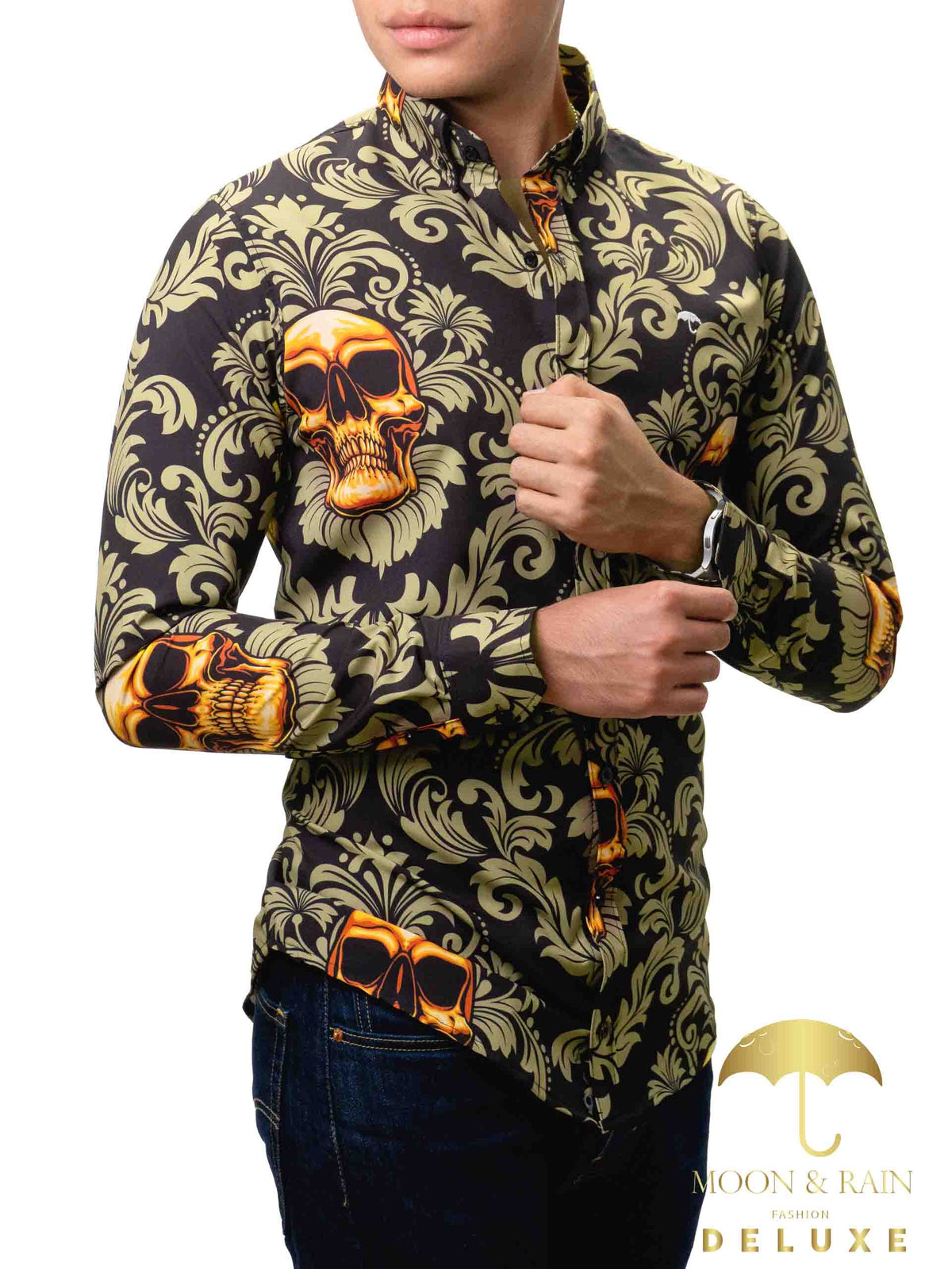 Camisa Hombre Casual Negra Calaveras Doradas Floreada