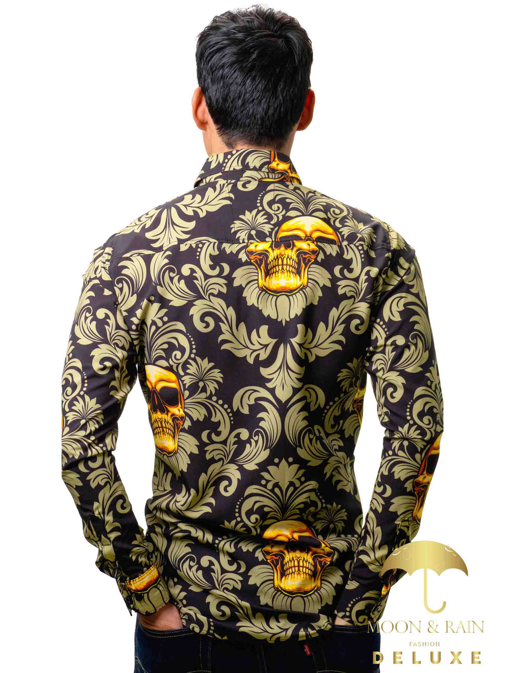 Camisa Hombre Casual Negra Calaveras Doradas Floreada