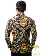 Camisa Hombre Casual Negra Calaveras Doradas Floreada