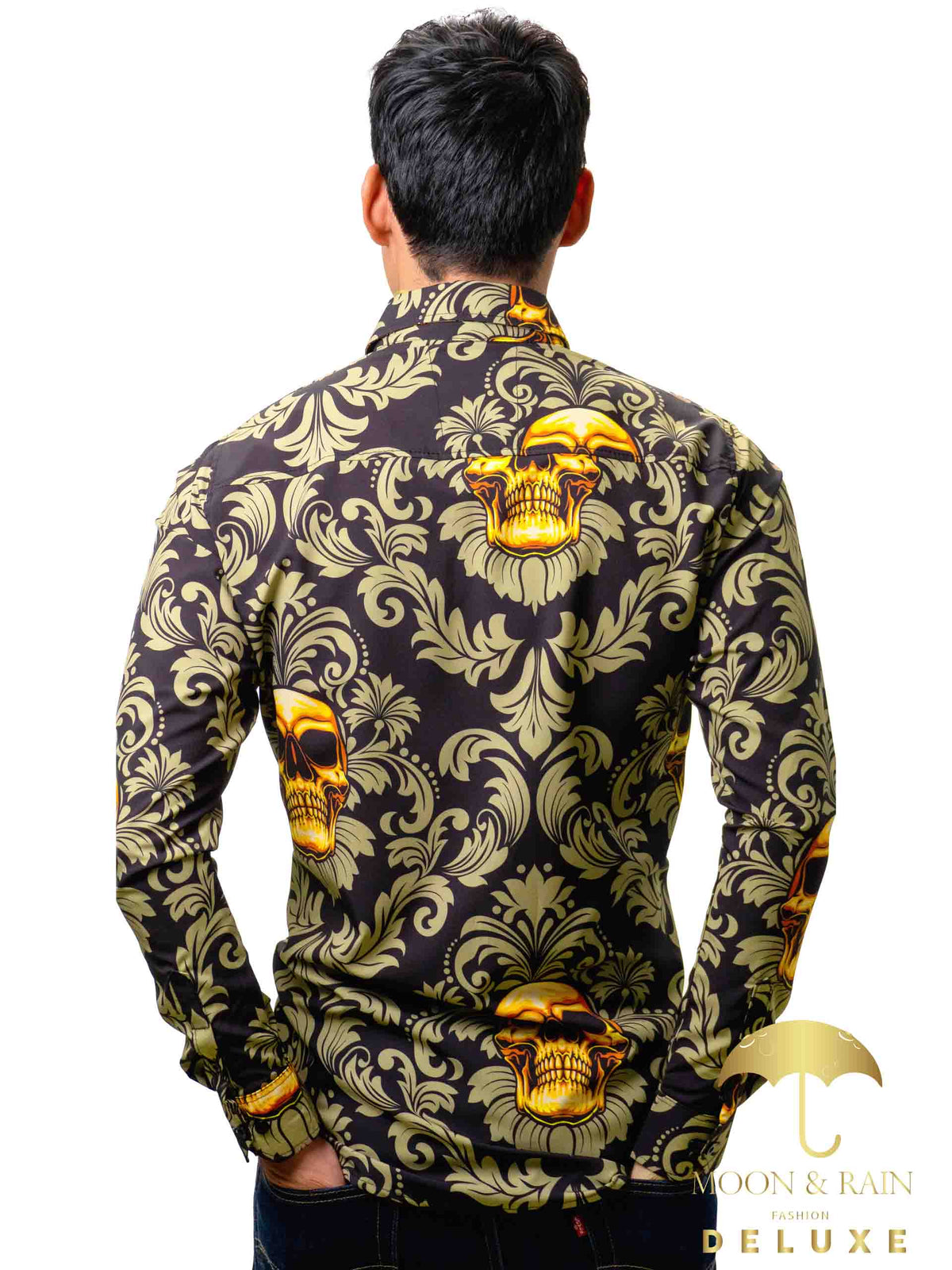 Camisa Hombre Casual Negra Calaveras Doradas Floreada