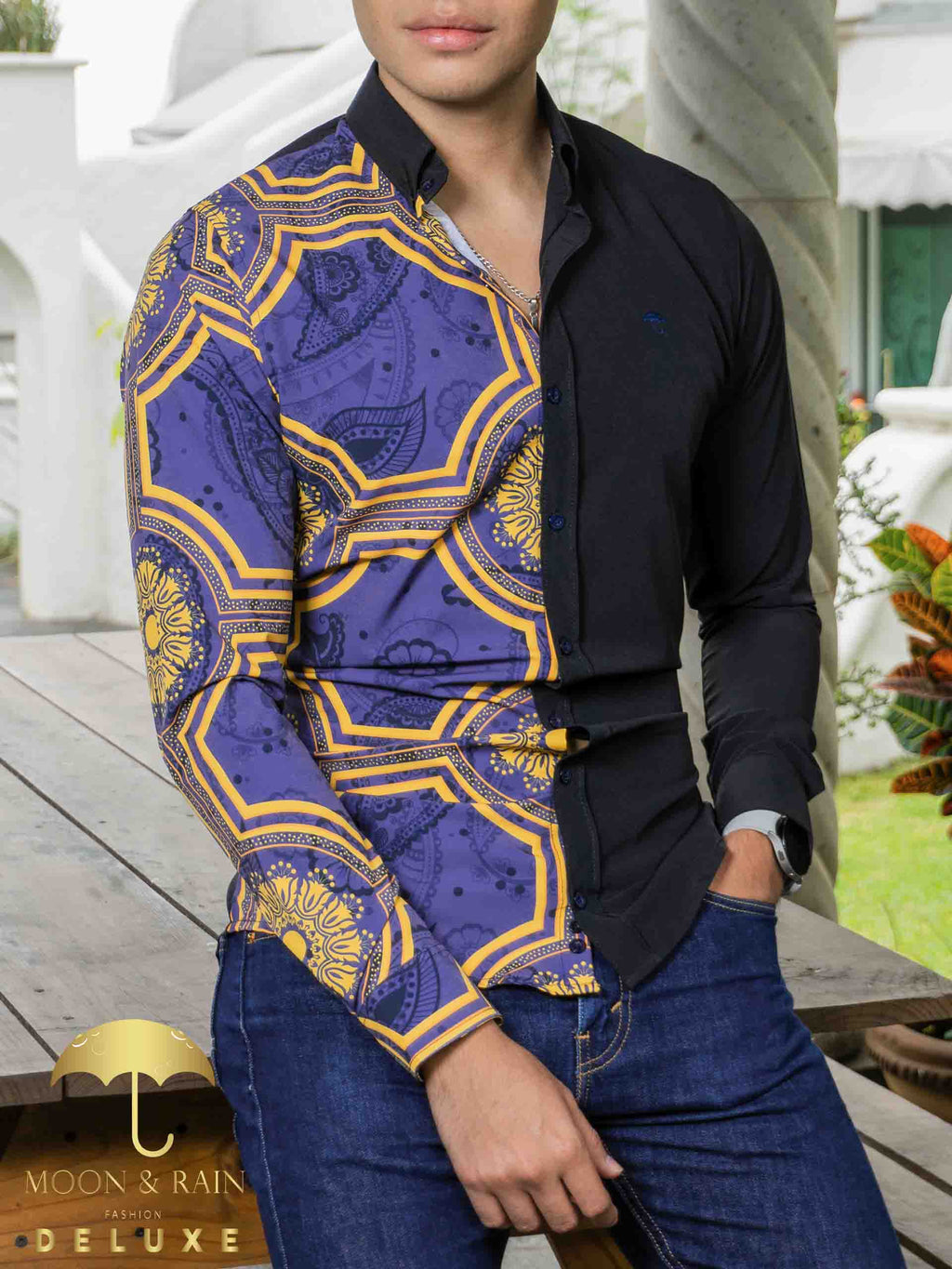 Camisa Hombre Casual Slim Fit Negra Mitad Mándala Dorada - 34 (S)-Tiendas Platino