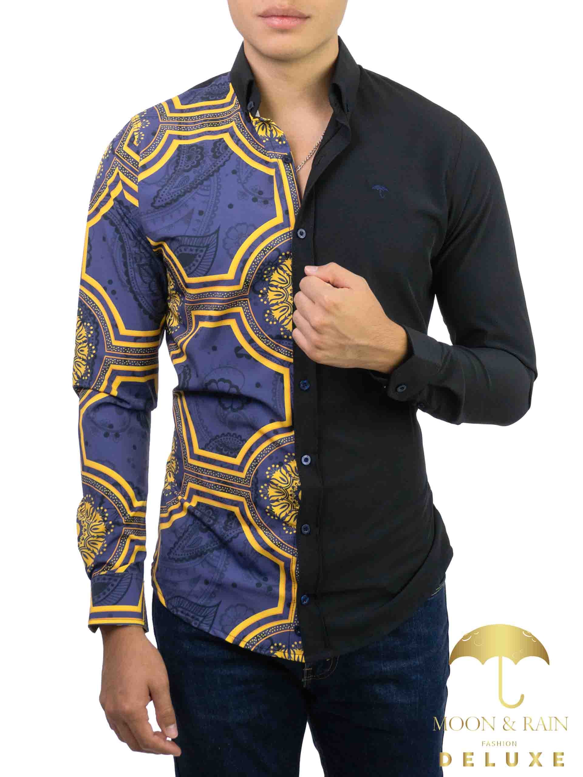 Camisa Hombre Casual Slim Fit Negra Mitad Mándala Dorada - 34 (S)-Tiendas Platino