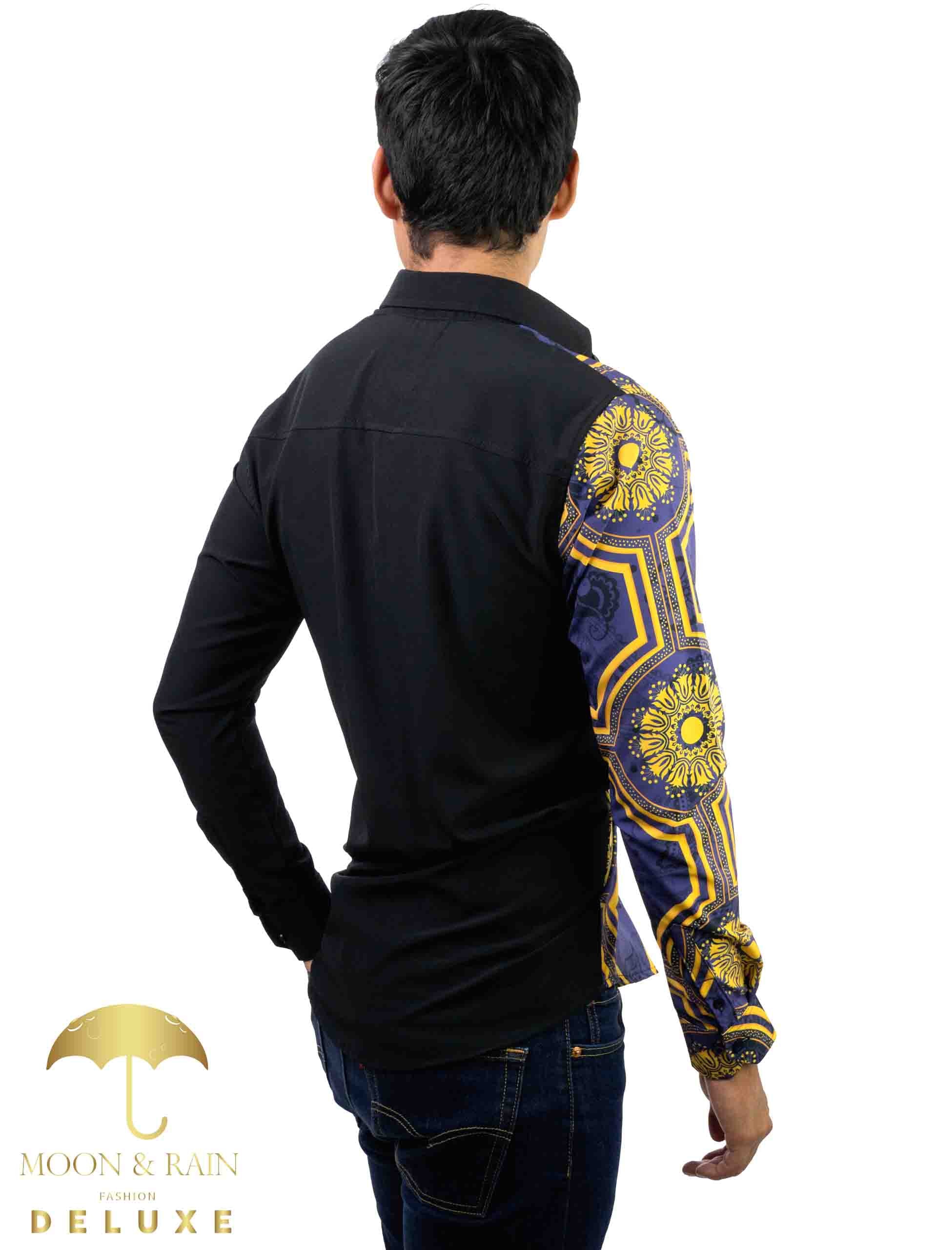 Camisa Hombre Casual Slim Fit Negra Mitad Mándala Dorada - 34 (S)-Tiendas Platino