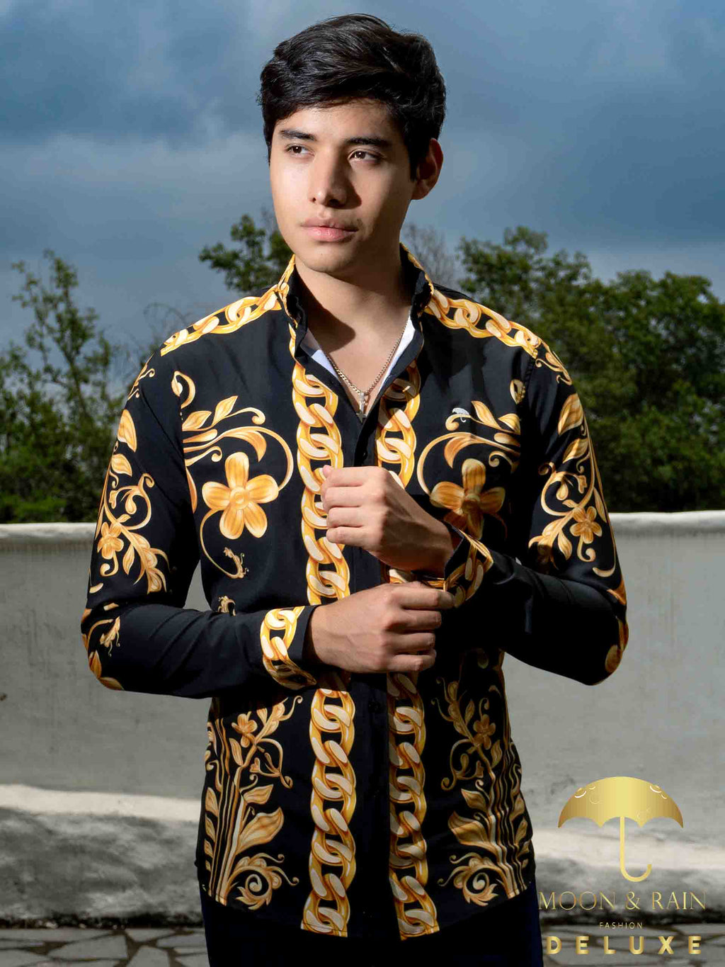 Camisa Hombre Casual Slim Fit Cadenas Y Flores Doradas - 34 (S)-Tiendas Platino