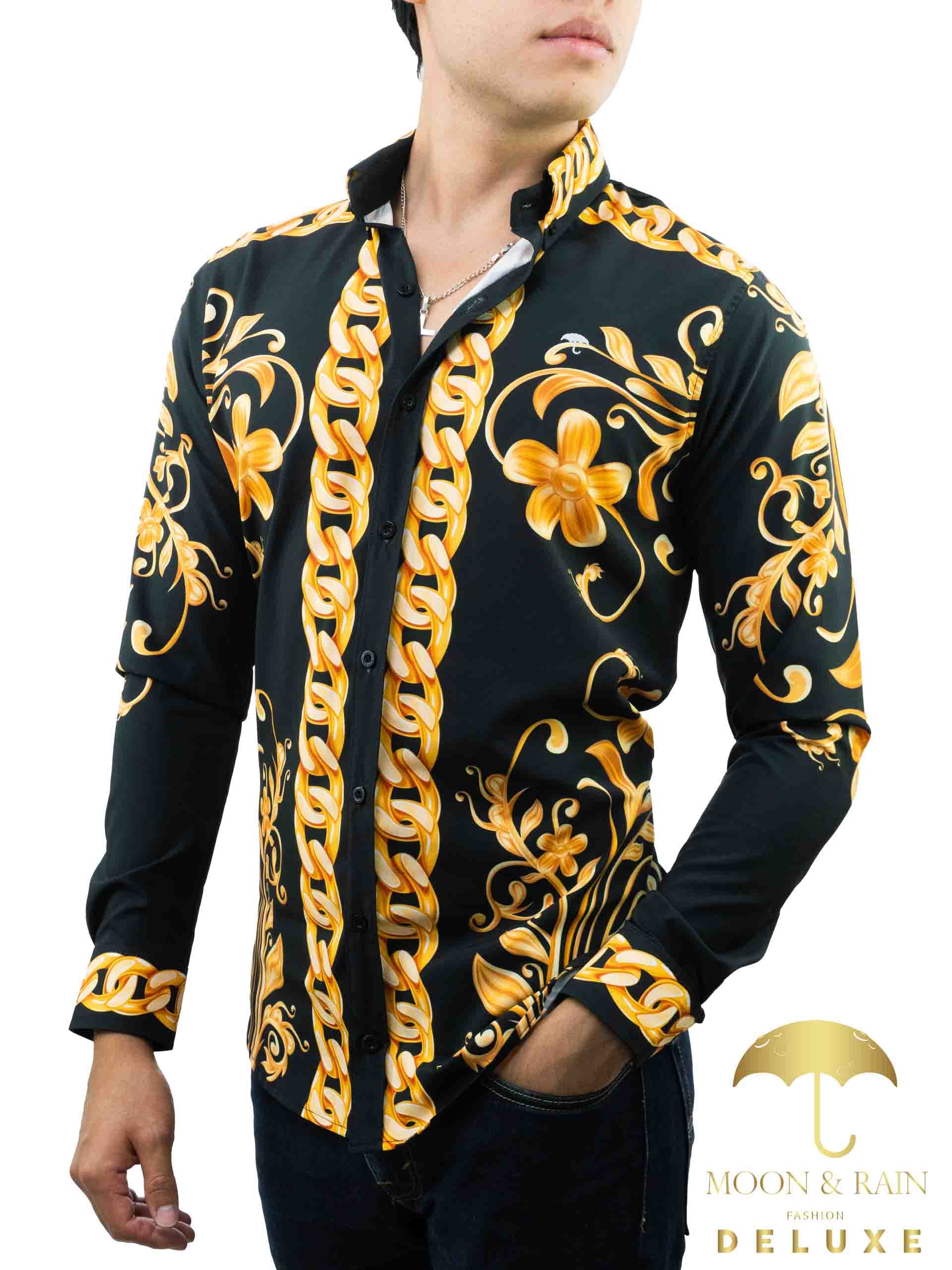 Camisa Hombre Casual Slim Fit Cadenas Y Flores Doradas - 34 (S)-Tiendas Platino