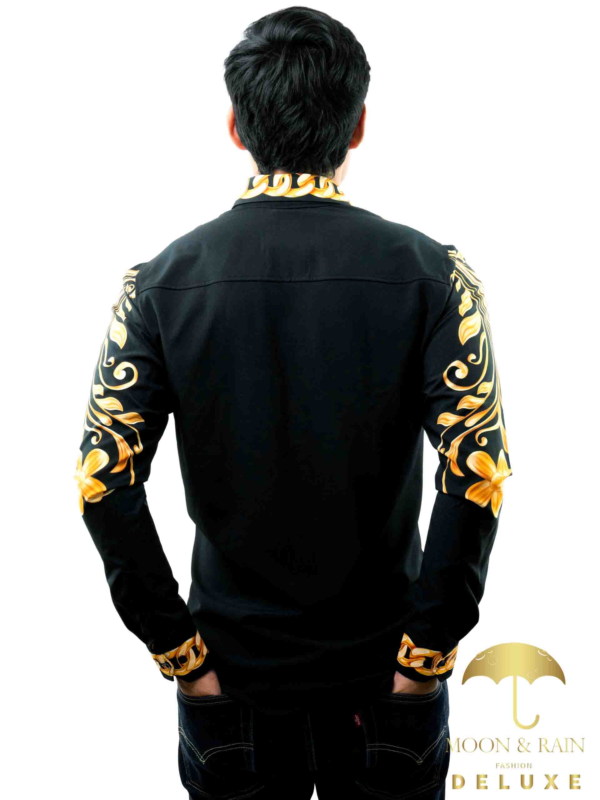 Camisa Hombre Casual Slim Fit Cadenas Y Flores Doradas - 34 (S)-Tiendas Platino