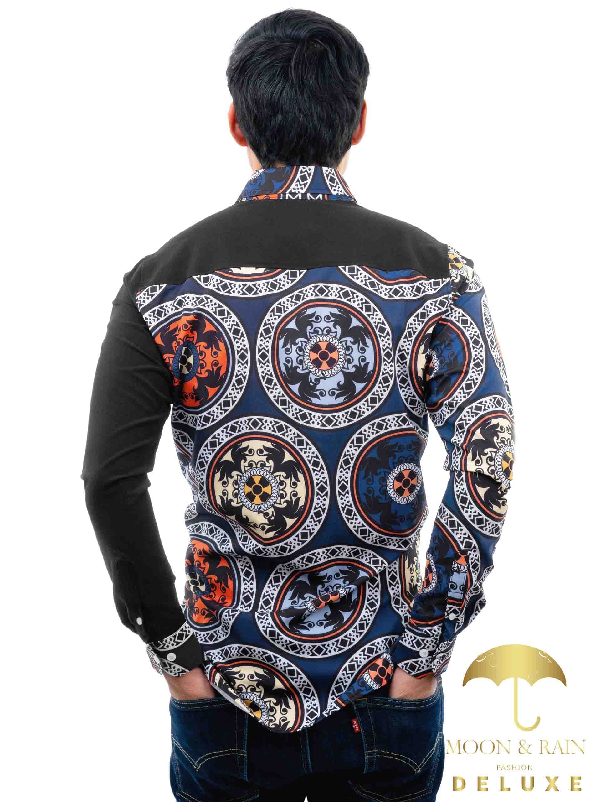 Camisa Hombre Casual Slim Fit Negra Medallones Rojos - 34 (S)-Tiendas Platino