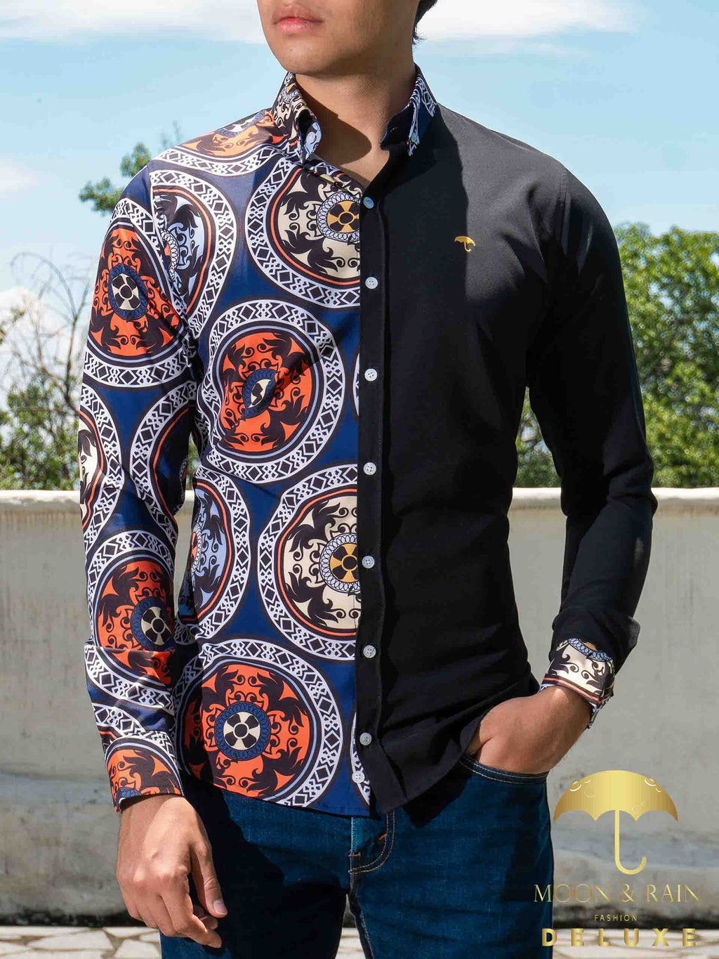 Camisa Hombre Casual Slim Fit Negra Medallones Rojos - 34 (S)-Tiendas Platino