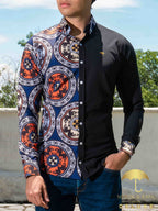 Camisa Hombre Casual Slim Fit Negra Medallones Rojos - 34 (S)-Tiendas Platino