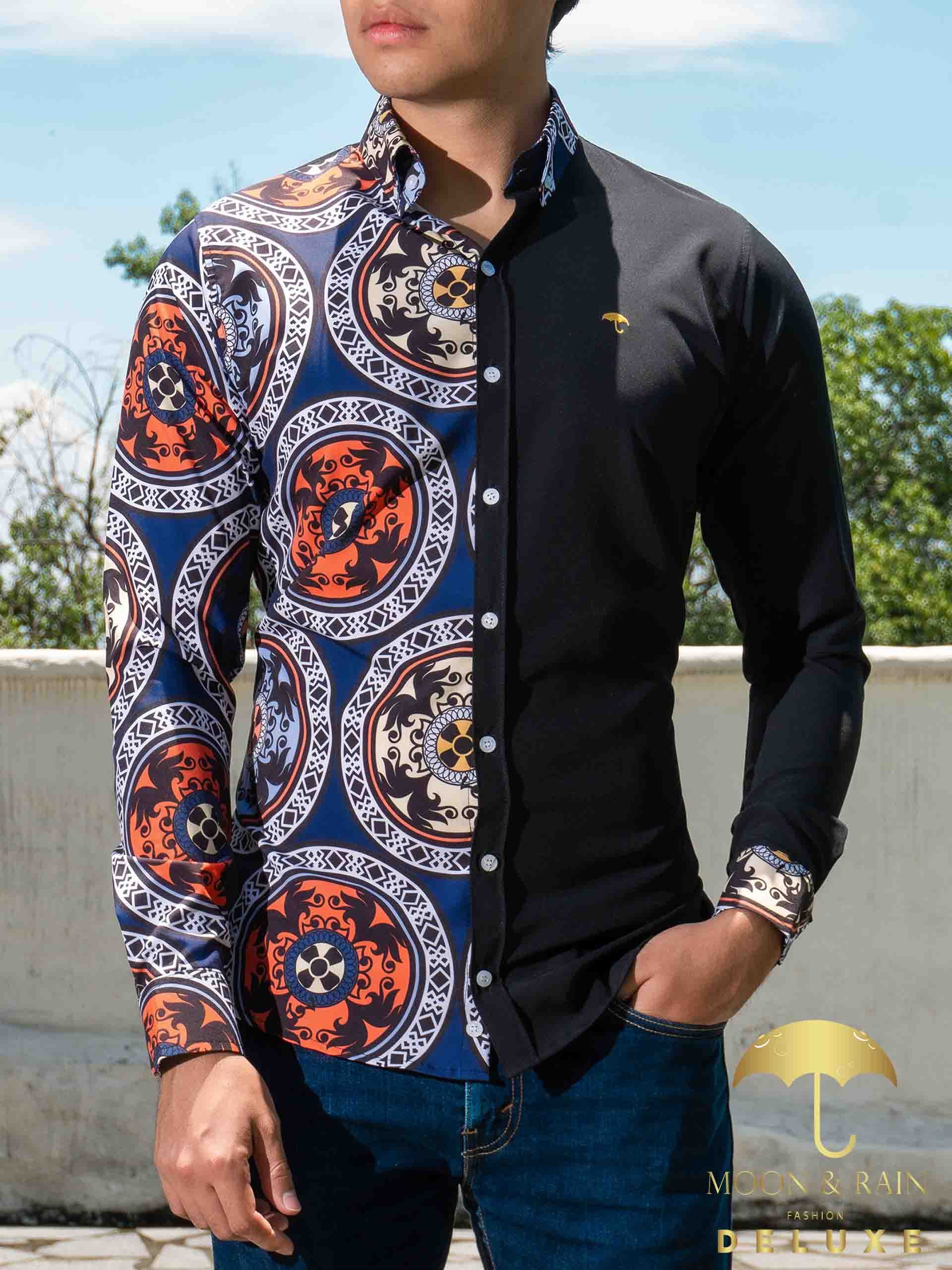 Camisa Hombre Casual Slim Fit Negra Medallones Rojos - 34 (S)-Tiendas Platino