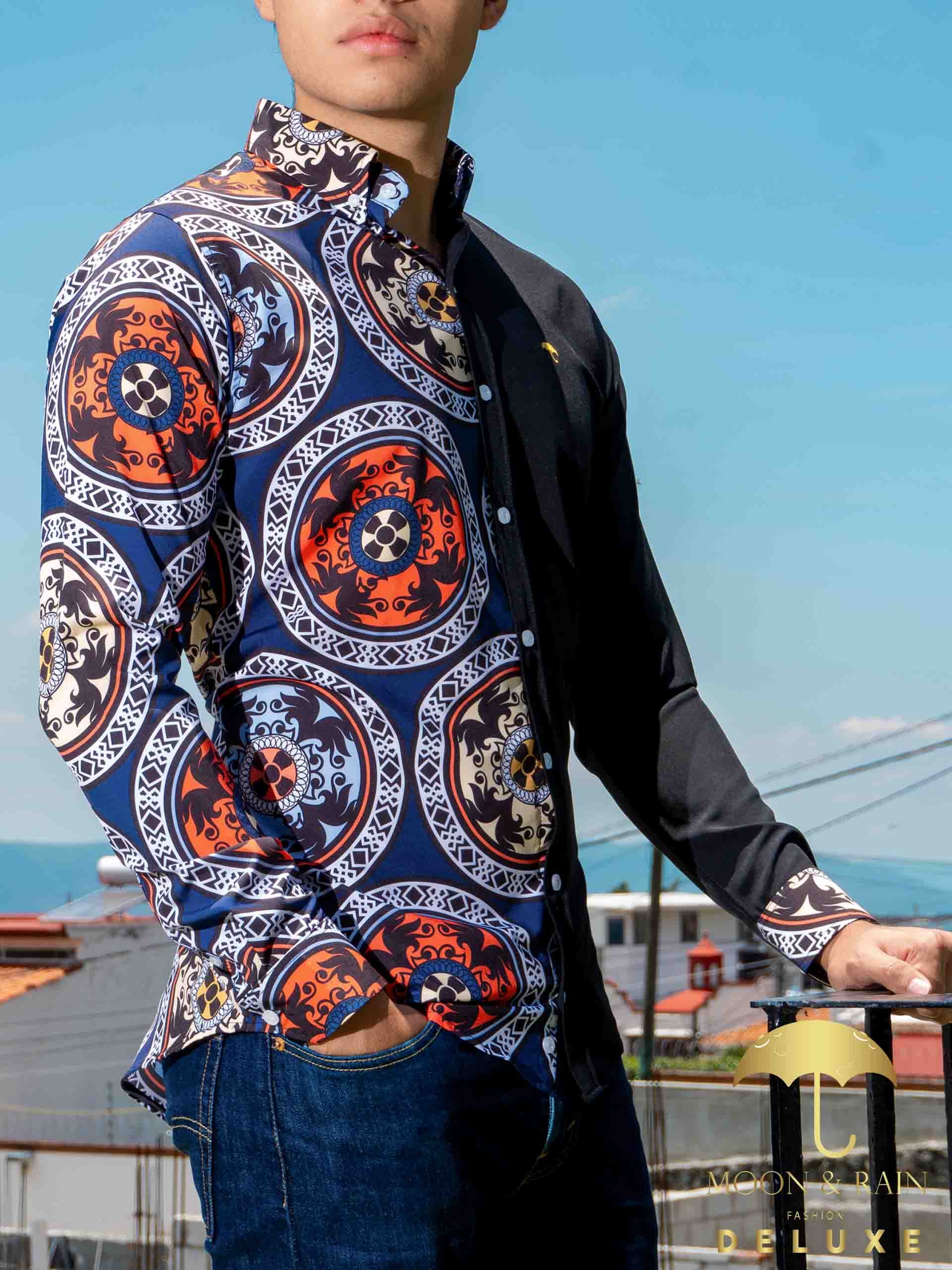 Camisa Hombre Casual Slim Fit Negra Medallones Rojos - 34 (S)-Tiendas Platino