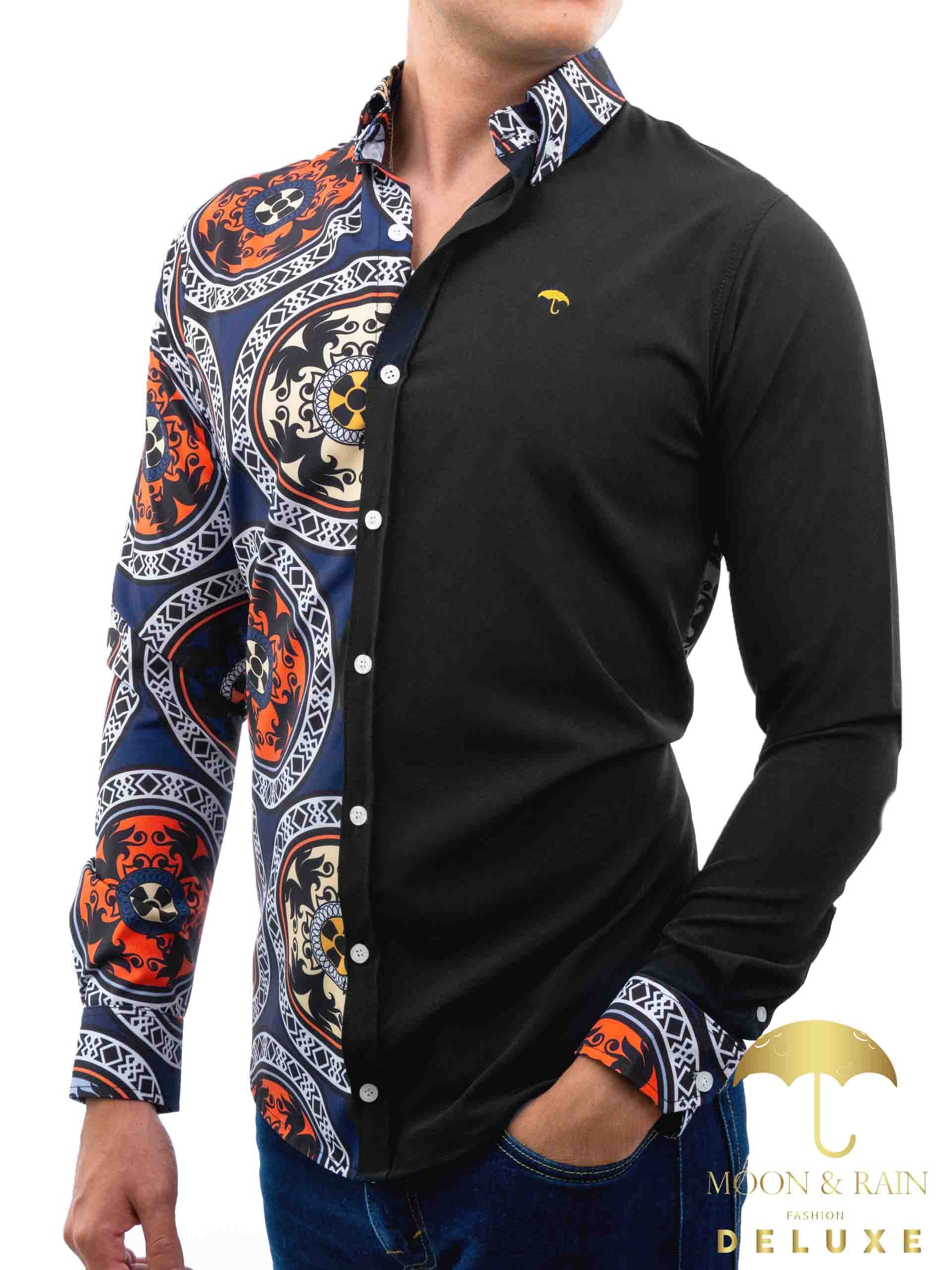 Camisa Hombre Casual Slim Fit Negra Medallones Rojos - 34 (S)-Tiendas Platino