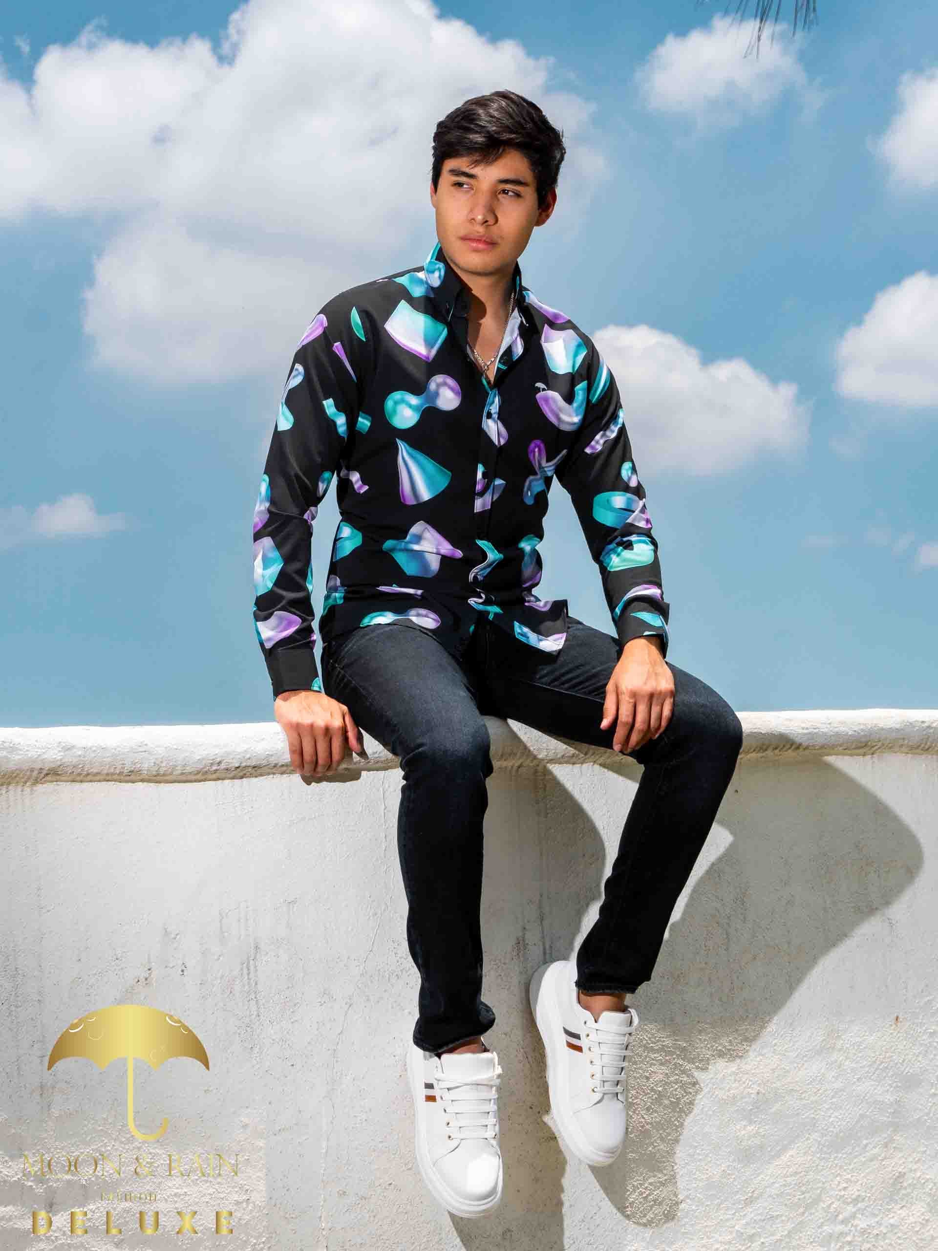 Camisa Hombre Casual Slim Fit Negra Geometría 3d - 34 (S)-Tiendas Platino