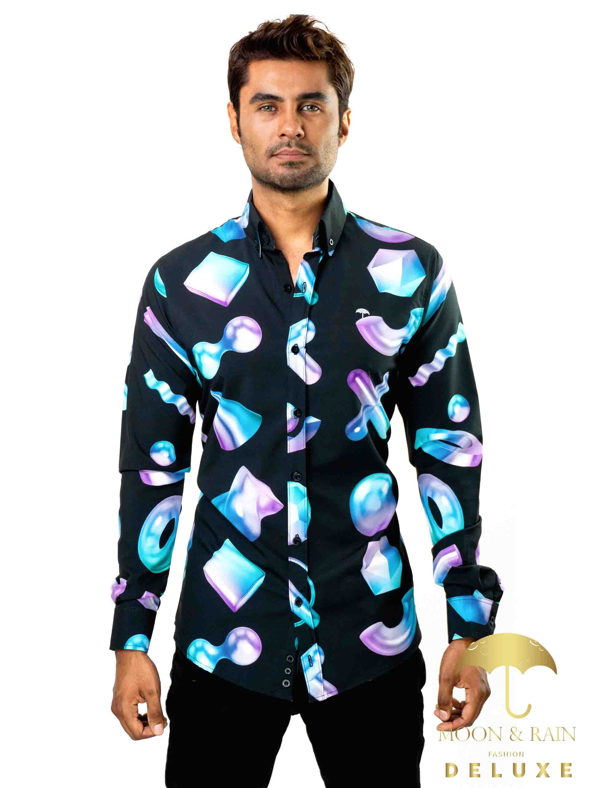 Camisa Hombre Casual Slim Fit Negra Geometría 3d - 34 (S)-Tiendas Platino