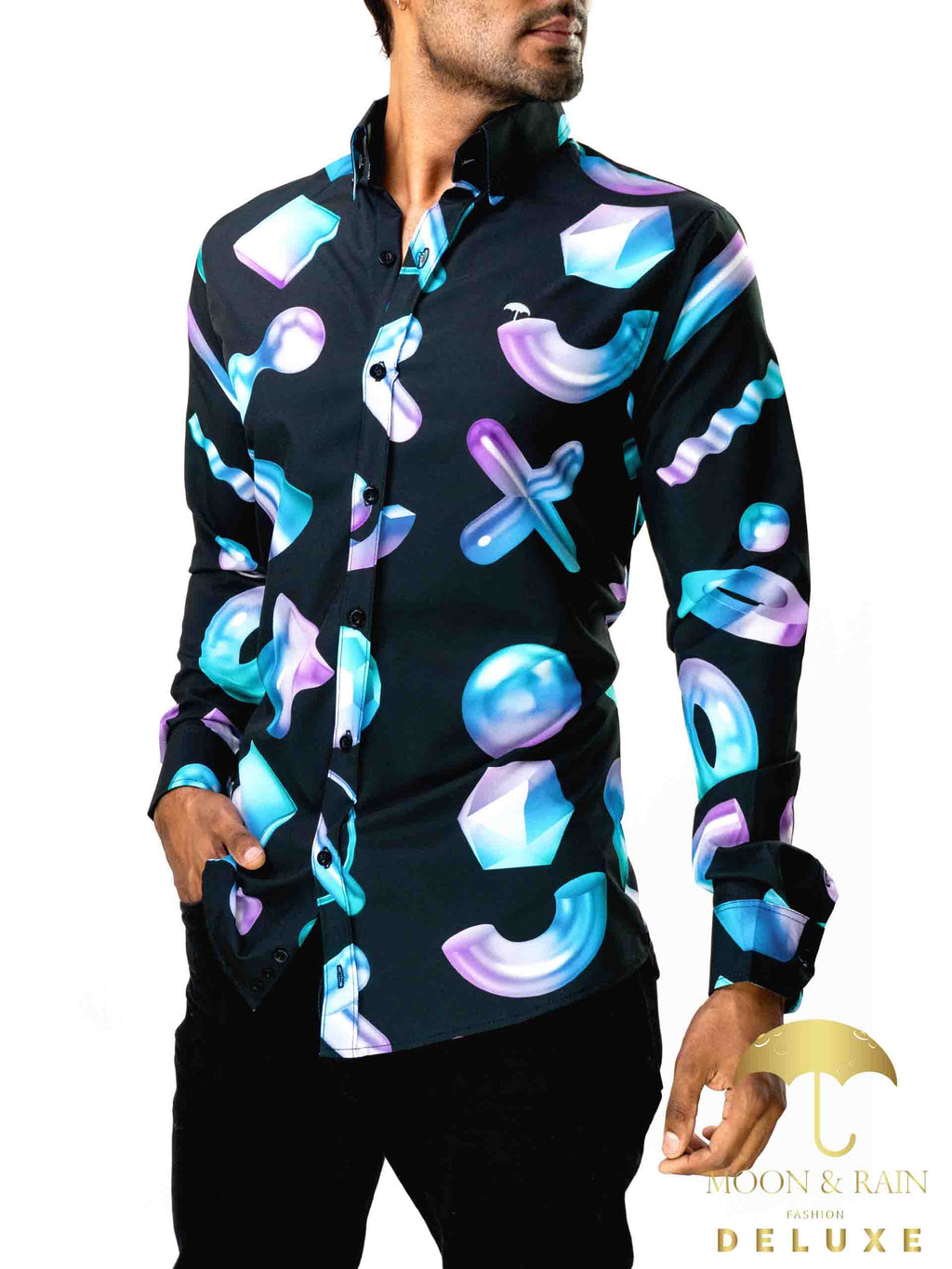 Camisa Hombre Casual Slim Fit Negra Geometría 3d - 34 (S)-Tiendas Platino