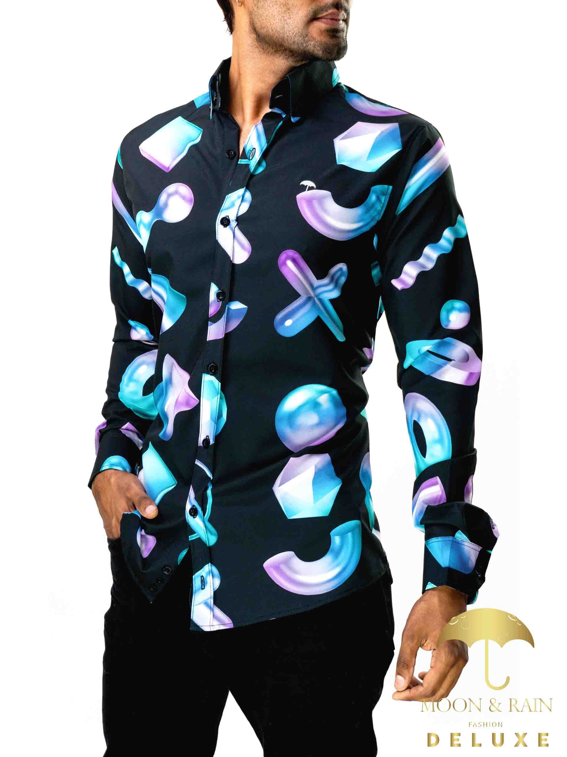 Camisa Hombre Casual Slim Fit Negra Geometría 3d - 34 (S)-Tiendas Platino