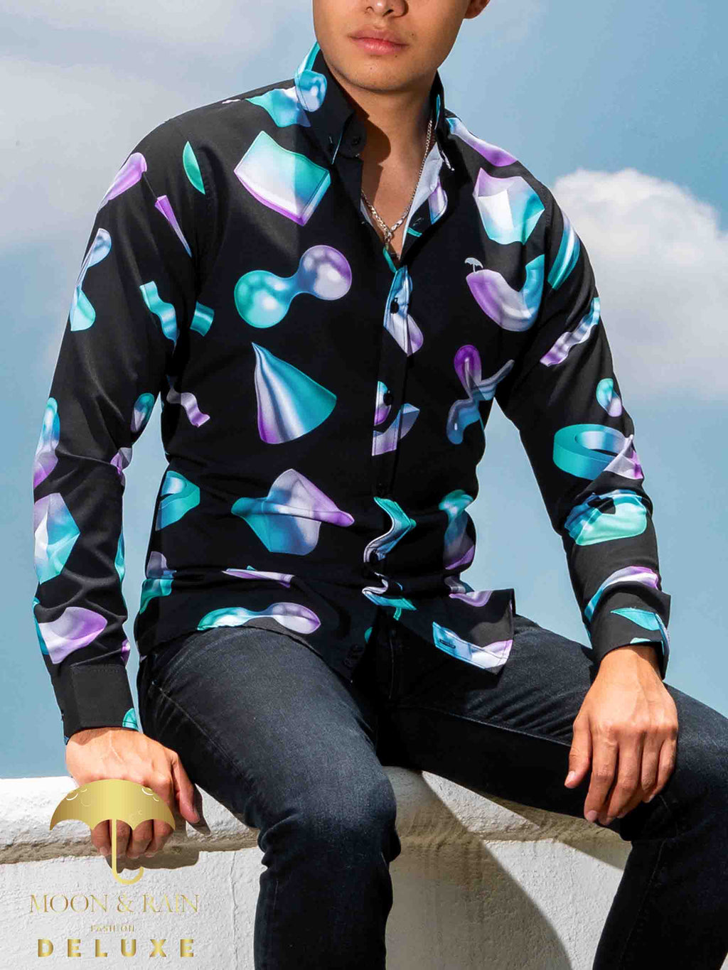 Camisa Hombre Casual Slim Fit Negra Geometría 3d - 34 (S)-Tiendas Platino