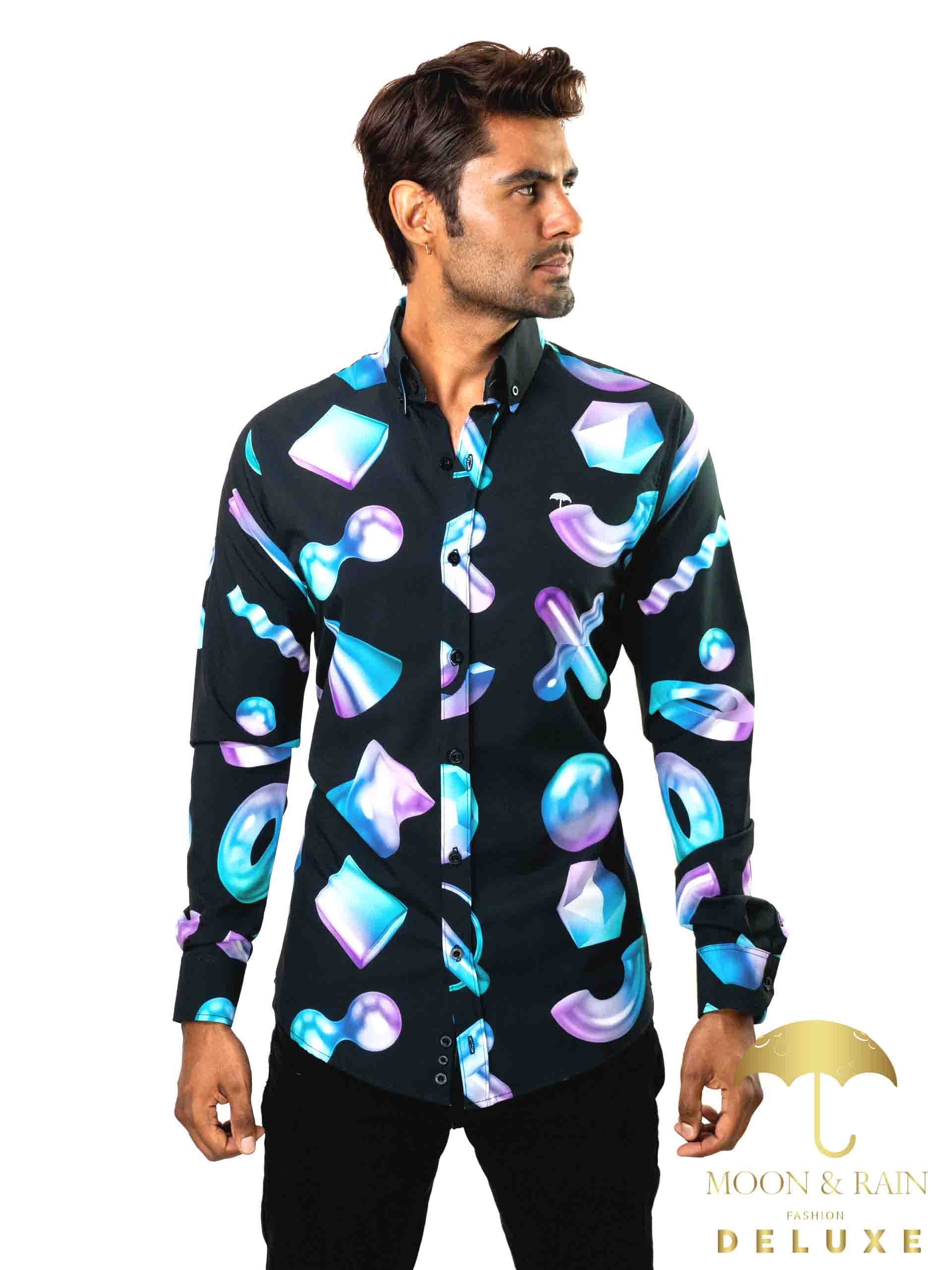 Camisa Hombre Casual Slim Fit Negra Geometría 3d - 34 (S)-Tiendas Platino